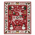 Large, hand-knotted Christmas rug featuring a central white knitted reindeer on a vibrant red field. The rug has a dense border displaying repeating holiday motifs like Santa Claus, snowmen, candy canes, pine cones, and the text "Merry Christmas" and "Happy Holidays." The overall style mimics a classic knitted or embroidered holiday sweater.