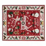 Christmas-themed decorative hand knotted rug with reindeer, Santa Claus, and snowman designs on a red background.