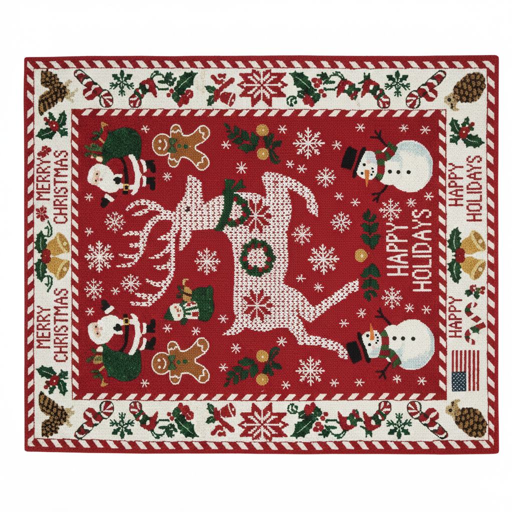 Christmas-themed decorative hand knotted rug with reindeer, Santa Claus, and snowman designs on a red background.