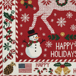 Christmas-themed hand knotted wool rug with reindeer, snowman, and 'Happy Holidays' text on a red background.