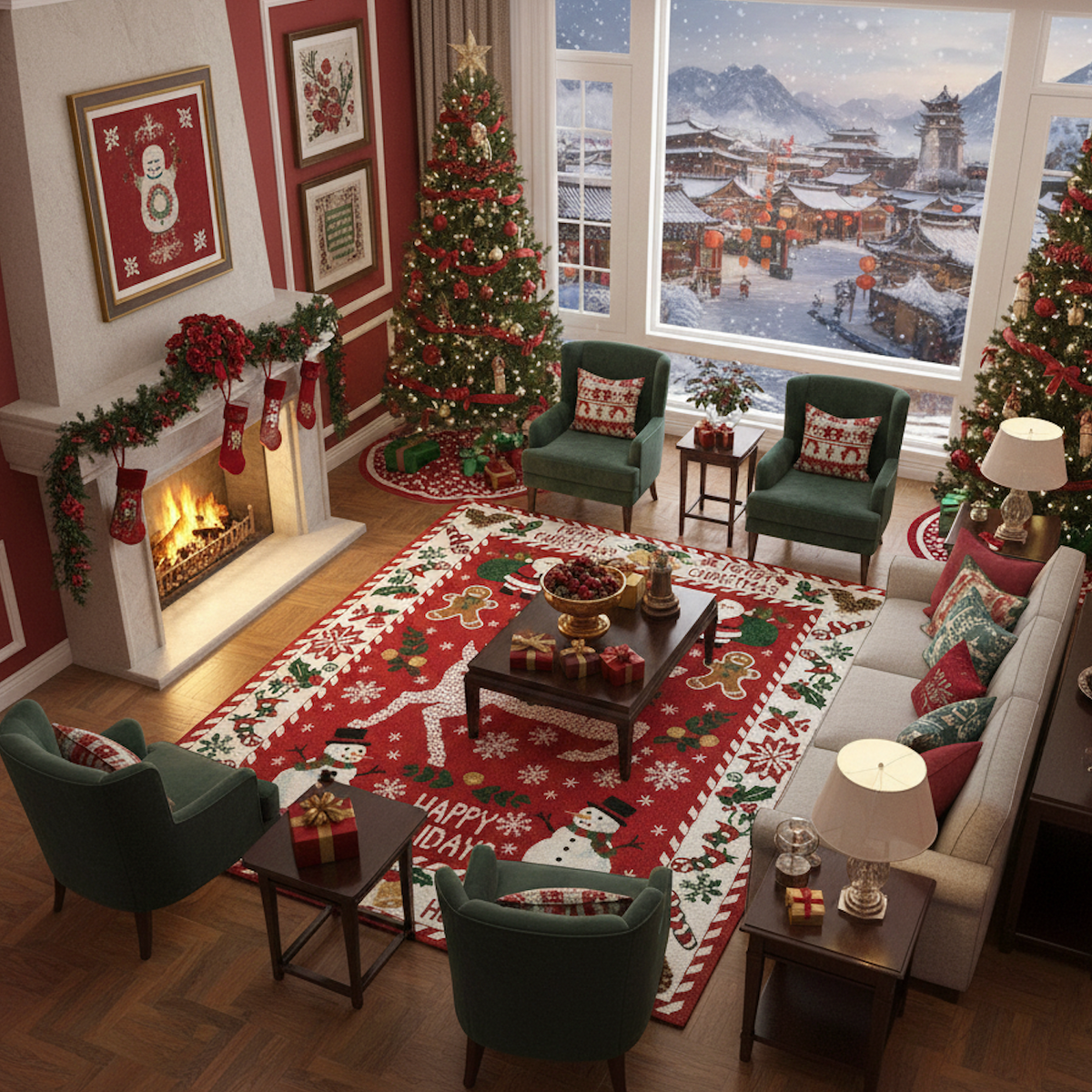 Large, hand-knotted Christmas rug featuring a central white knitted reindeer on a vibrant red field. The rug has a dense border displaying repeating holiday motifs like Santa Claus, snowmen, candy canes, pine cones, and the text "Merry Christmas" and "Happy Holidays." The overall style mimics a classic knitted or embroidered holiday sweater.