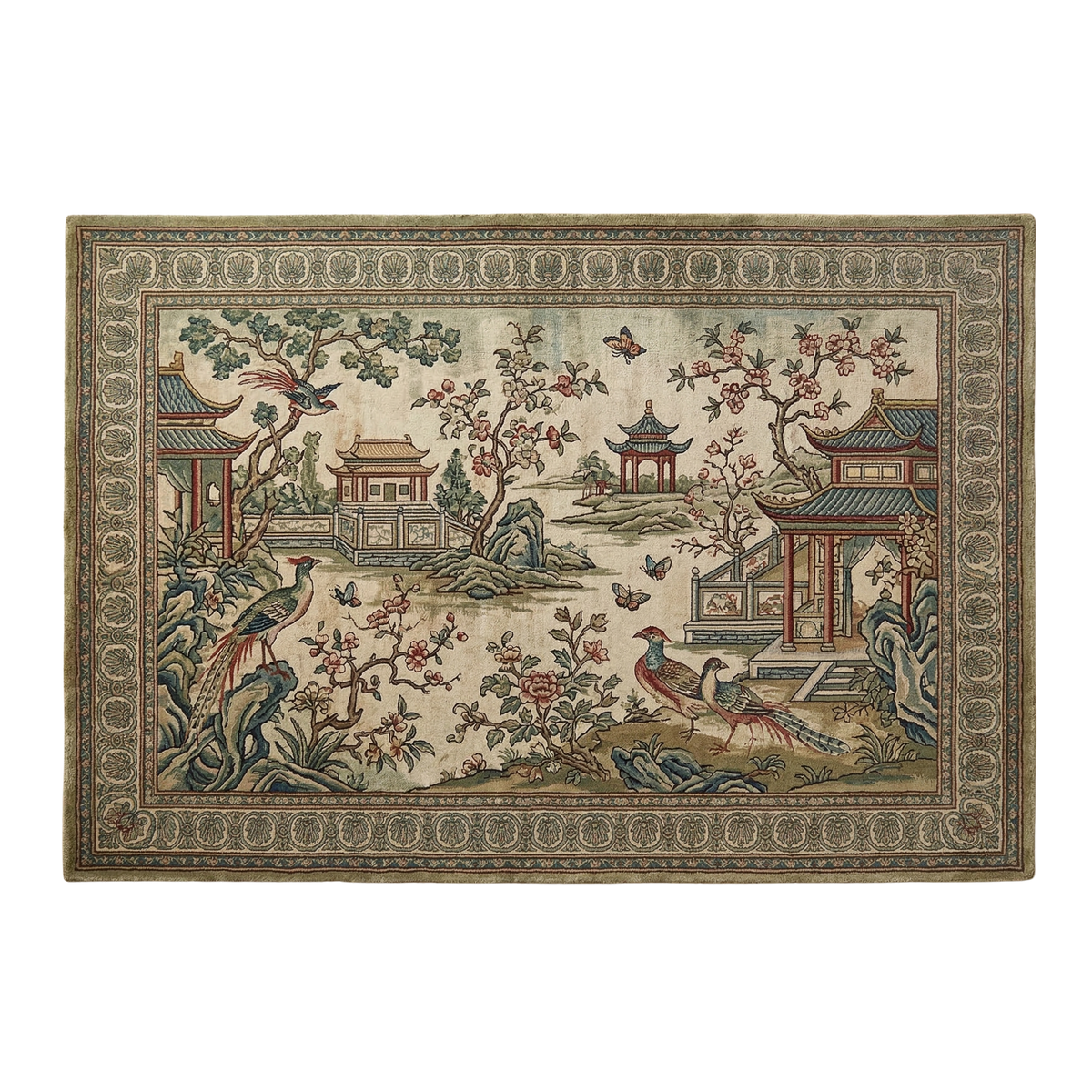 Decorative rug with Chinese garden design featuring pagodas and peacocks on a beige background.