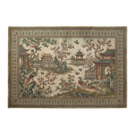 Decorative rug with Chinese garden design featuring pagodas and peacocks on a beige background.