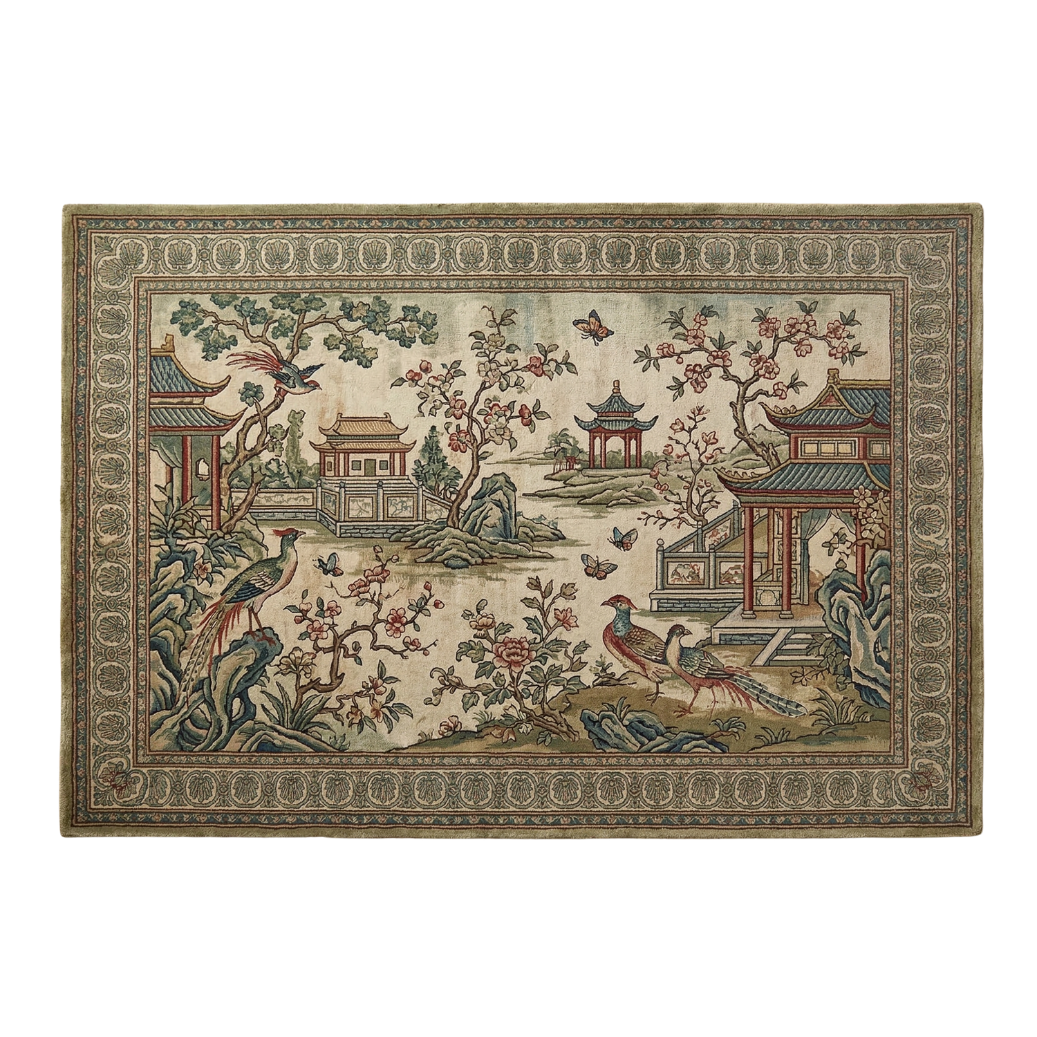 Decorative rug with Chinese garden design featuring pagodas and peacocks on a beige background.