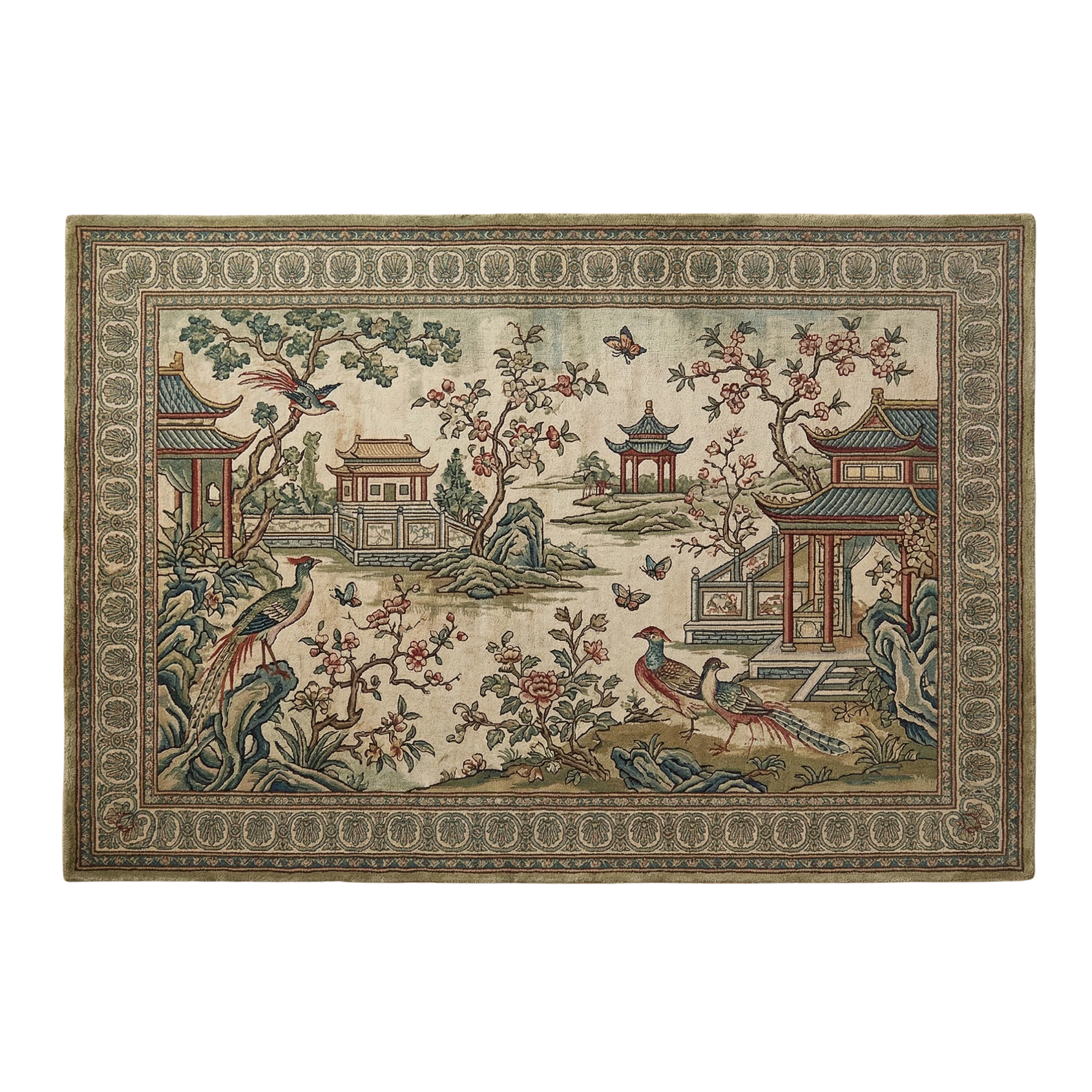 Decorative rug with Chinese garden design featuring pagodas and peacocks on a beige background.