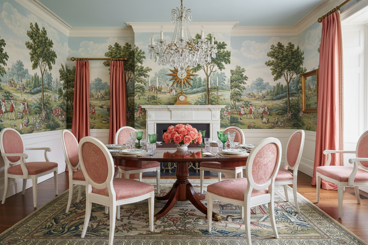 Dining room with pink chairs, a round table, knotted rug, and decorative wall paintings.