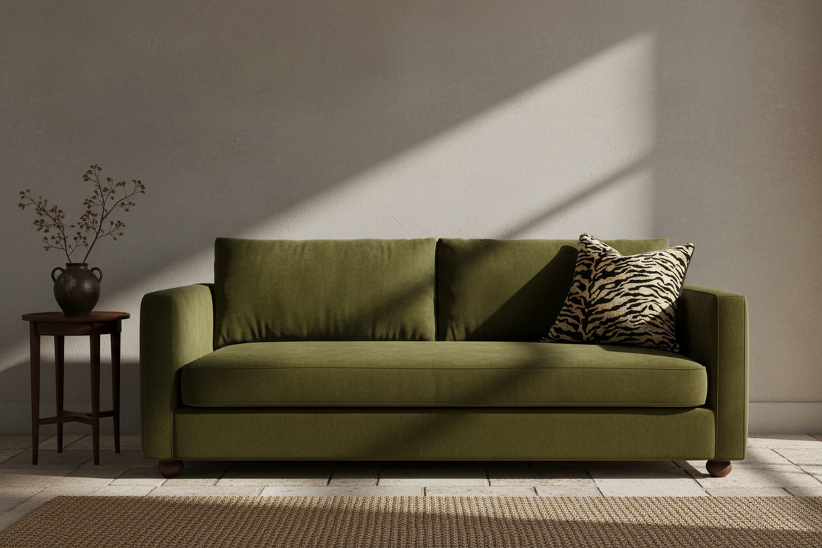 A white slipcovered sofa with a textured black and beige zebra-print throw pillow, set against a warm beige wall and light wood floor.