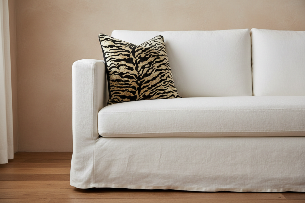 A white slipcovered sofa with a textured black and beige zebra-print throw pillow, set against a warm beige wall and light wood floor.