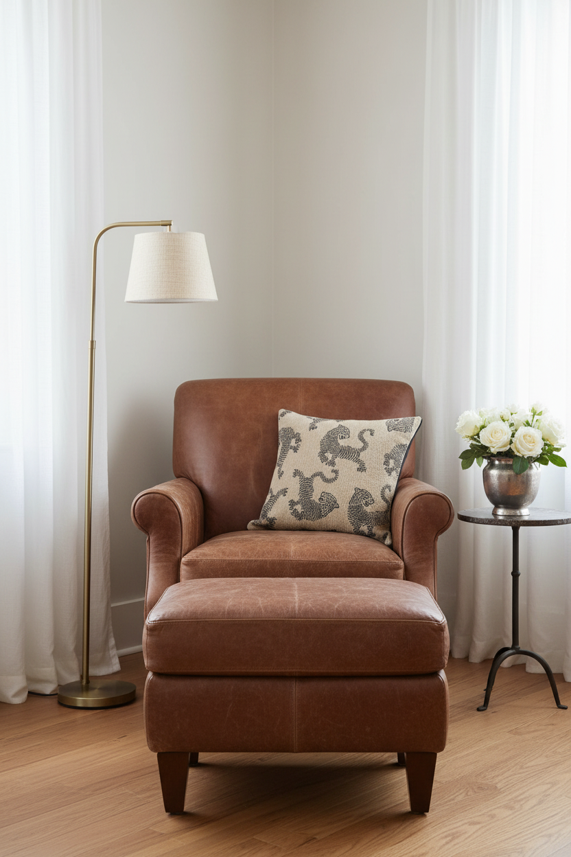 A brown leather armchair with a matching ottoman in a bright room, styled with a patterned throw pillow, a floor lamp, and a side table with white flowers.