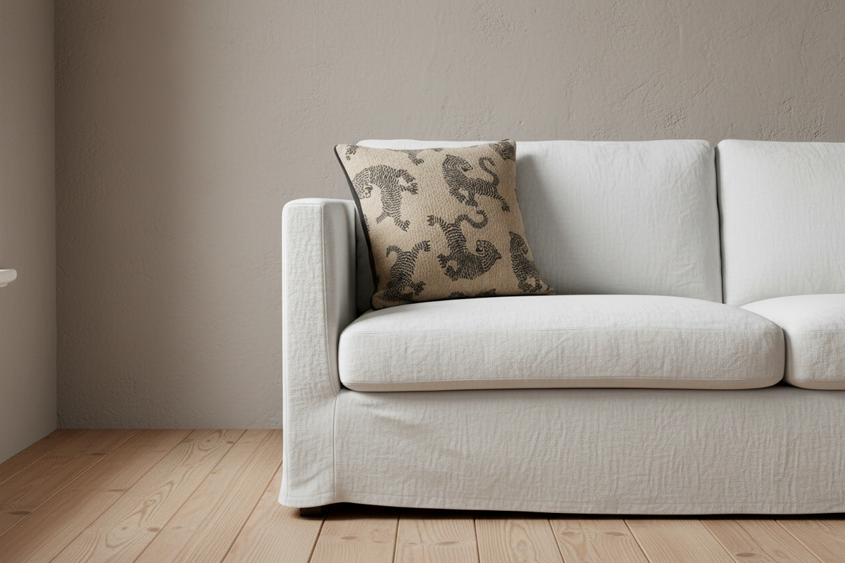 A light beige fabric slipcovered sofa with a textured throw pillow featuring a dark gray leopard print, set against a neutral beige wall and light wood flooring.