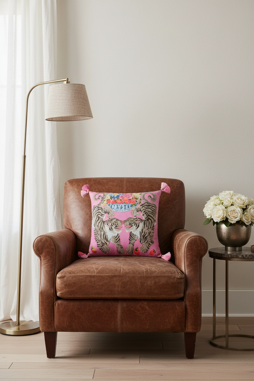 A pink decorative throw pillow with a tiger print and colorful floral details, styled on a white slipcovered sofa in a living room setting.