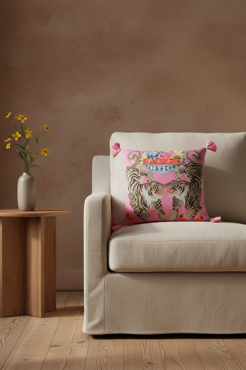 A pink decorative throw pillow with a tiger print and colorful floral details, styled on a white slipcovered sofa in a living room setting.