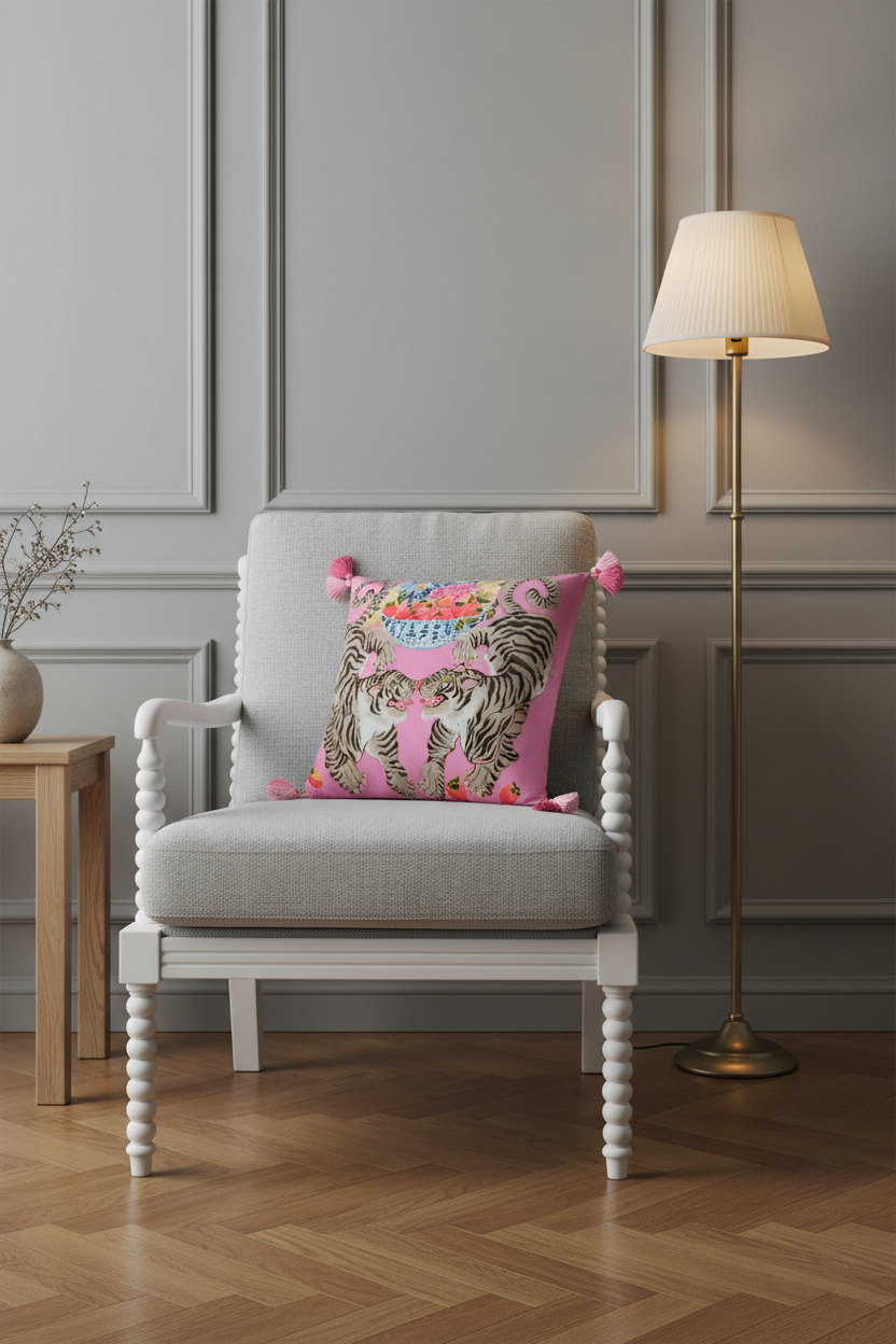 A pink decorative throw pillow with a tiger print and colorful floral details, styled on a white slipcovered sofa in a living room setting.