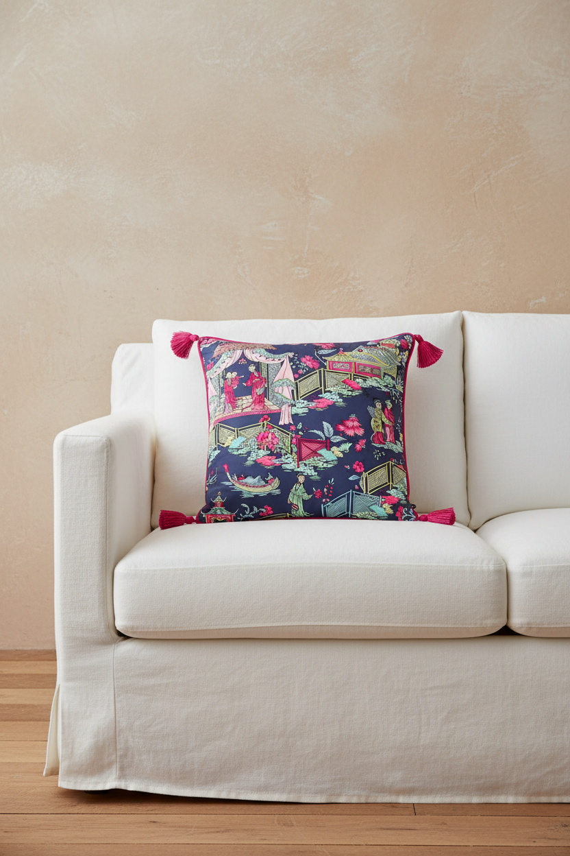 A decorative throw pillow with a colorful toile-style print and pink tassels, styled on a white slipcovered sofa against a textured beige wall.