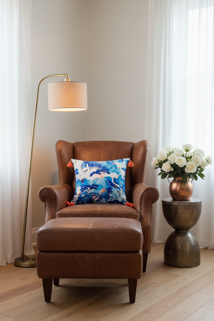 A brown leather wingback armchair with an ottoman in a bright room, styled with a blue and white patterned throw pillow, a floor lamp, and a side table with white roses.