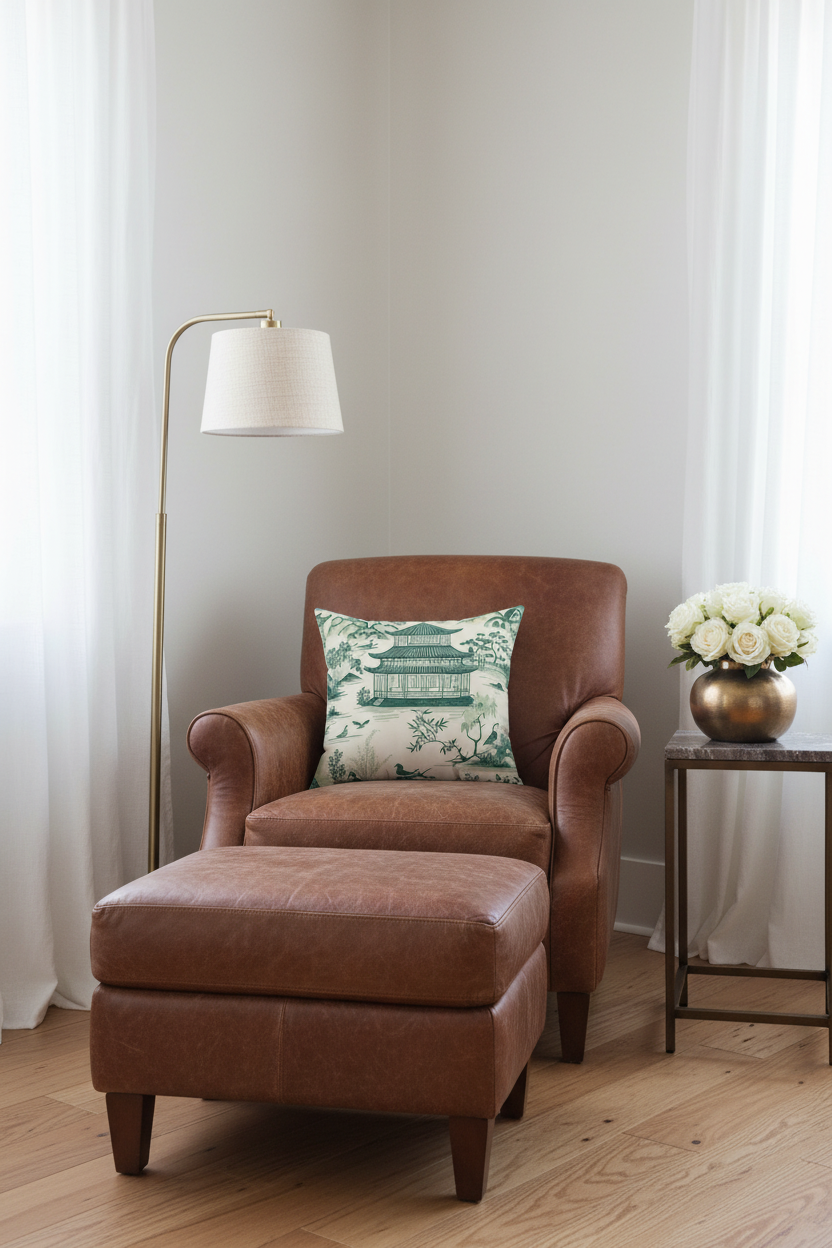 A brown leather armchair with a matching leather ottoman in a bright room, styled with a green and white patterned throw pillow, a floor lamp, and a side table with white flowers.