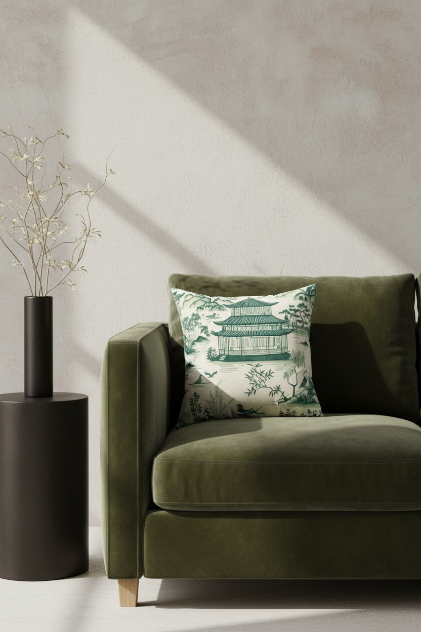 An olive green velvet armchair in a styled room setting, featuring a decorative throw pillow with a green and white traditional Chinese pagoda pattern. A black cylindrical side table with dried branches stands to the left against a textured beige wall with diagonal sunlight shadows.