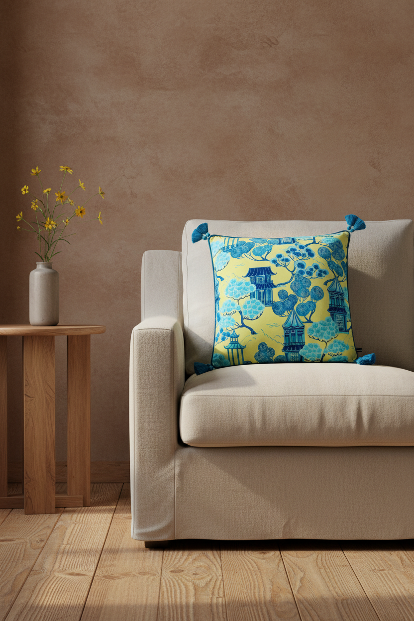 A decorative throw pillow with a blue and yellow landscape print and blue tassel corners, resting on a beige armchair in a styled room setting.
