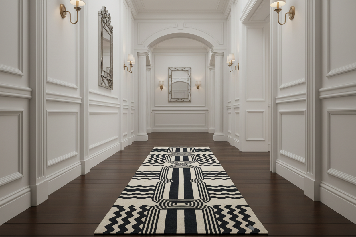 Long hallway with a black and white patterned rug on wooden floors.