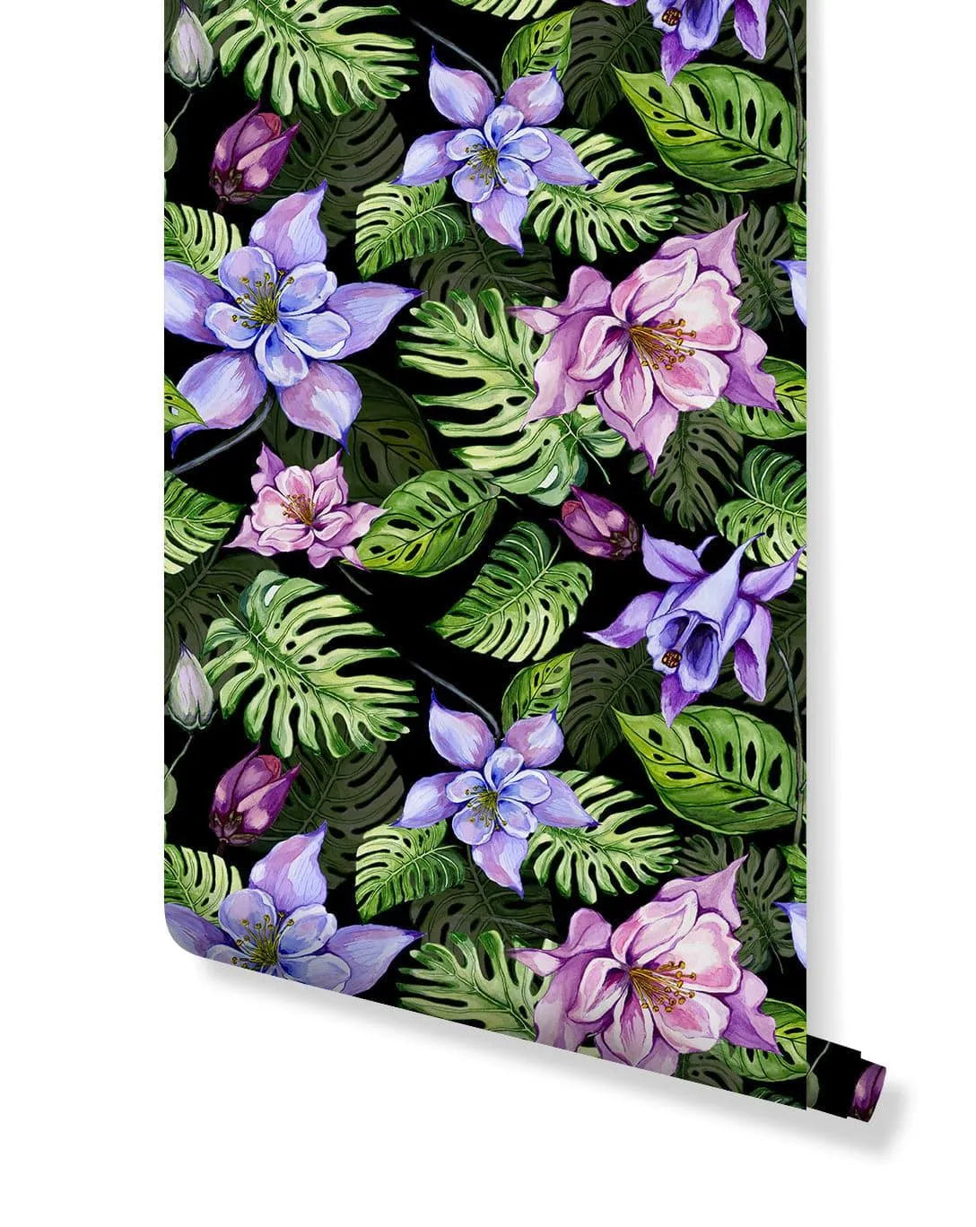 Tropical Monstera Leaves Purple Flowers Wallpaper