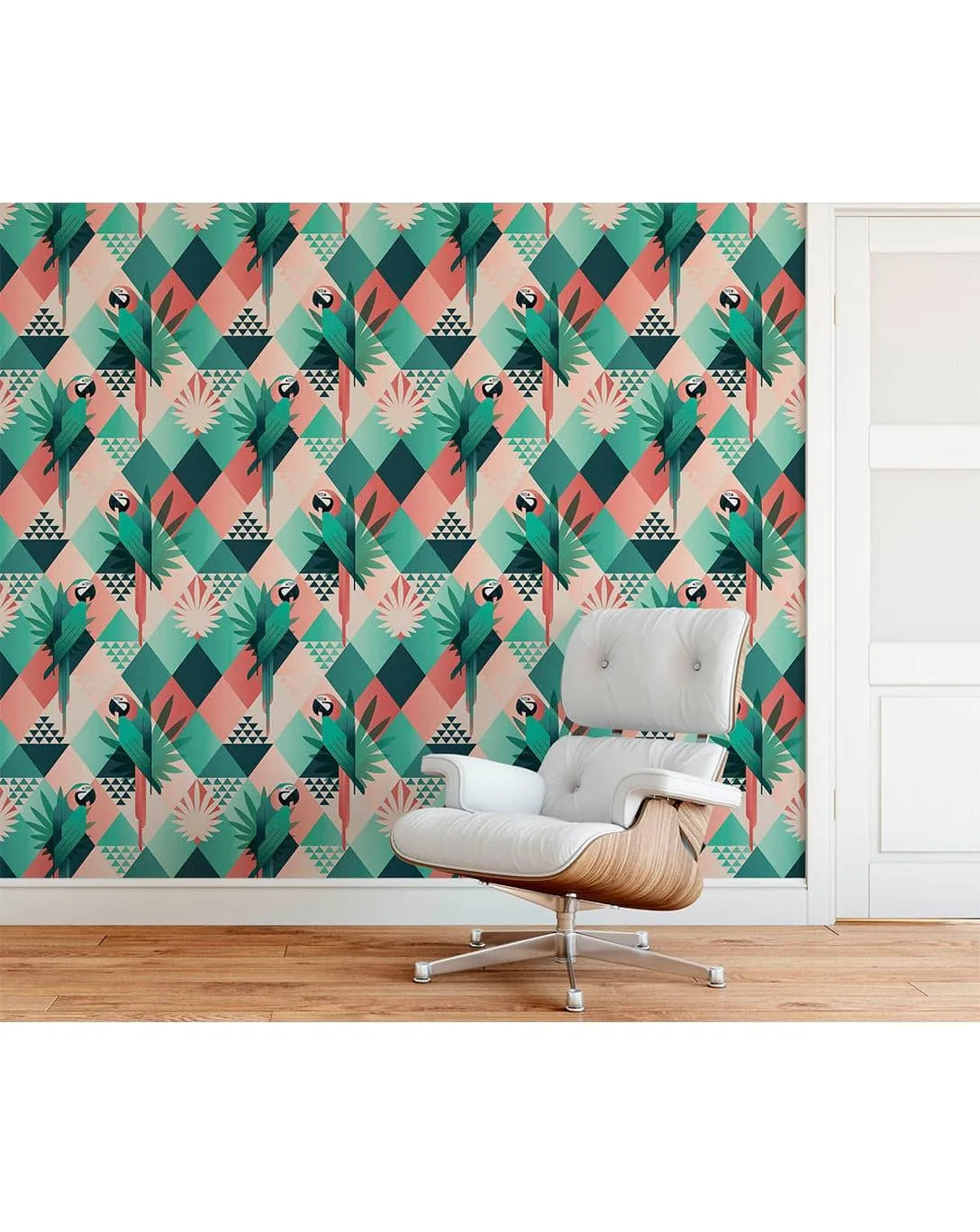 Tropical Mosaic Palm Leaves and Parrots Removable Wallpaper