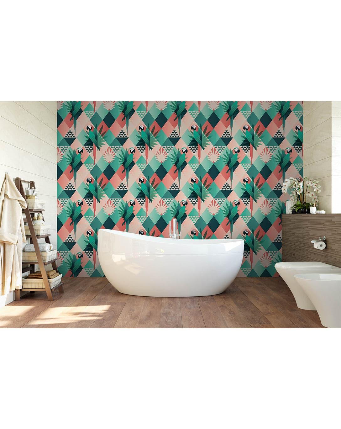 Tropical Mosaic Palm Leaves and Parrots Removable Wallpaper