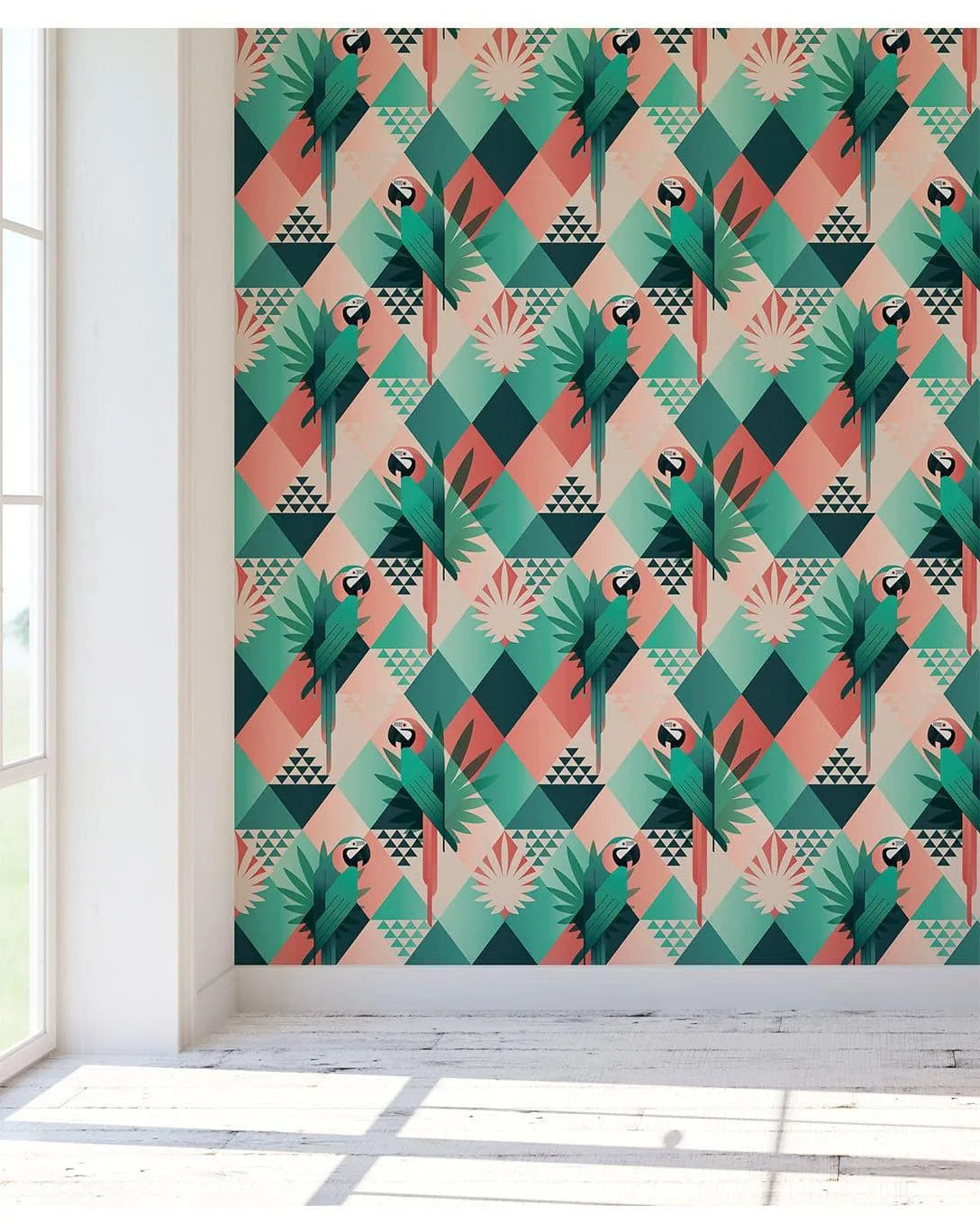 Tropical Mosaic Palm Leaves and Parrots Removable Wallpaper