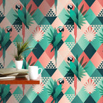 Tropical Mosaic Palm Leaves and Parrots Removable Wallpaper