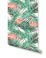 Tropical Palm Leaves Pink Flamingos Removable Wallpaper