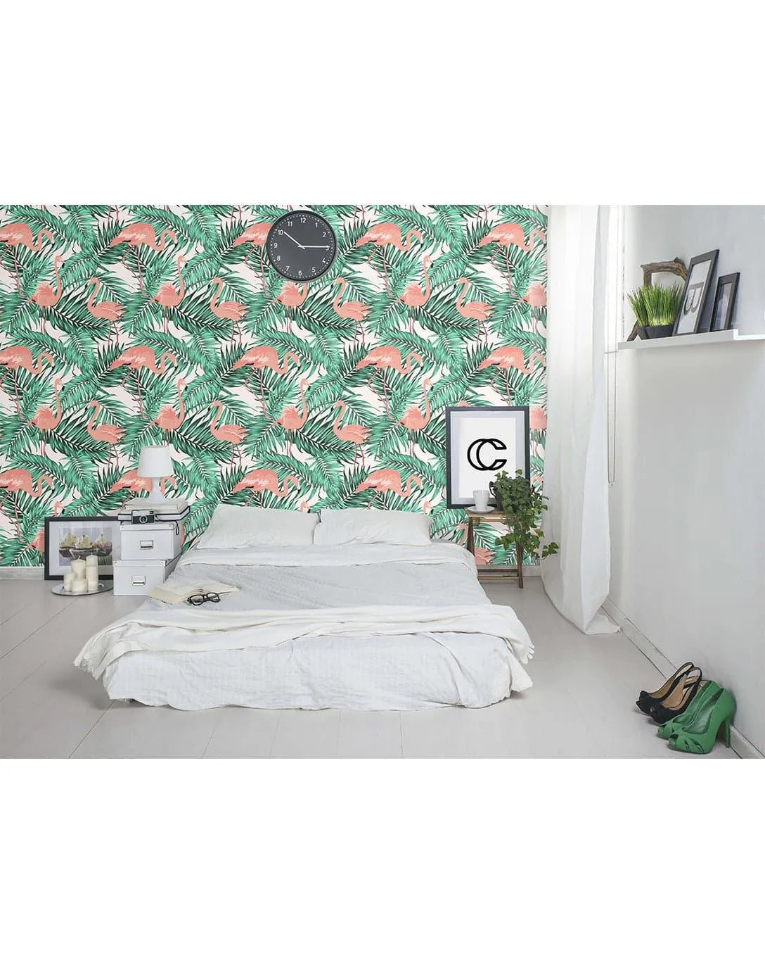 Tropical Palm Leaves Pink Flamingos Removable Wallpaper