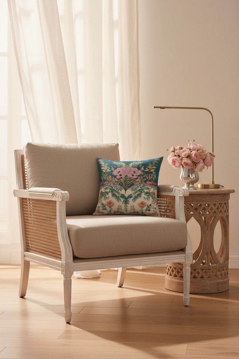 A brown leather wingback armchair in a styled room corner, featuring a colorful floral patterned throw pillow. A gold floor lamp stands to the left, and a small side table with white flowers is on the right.
