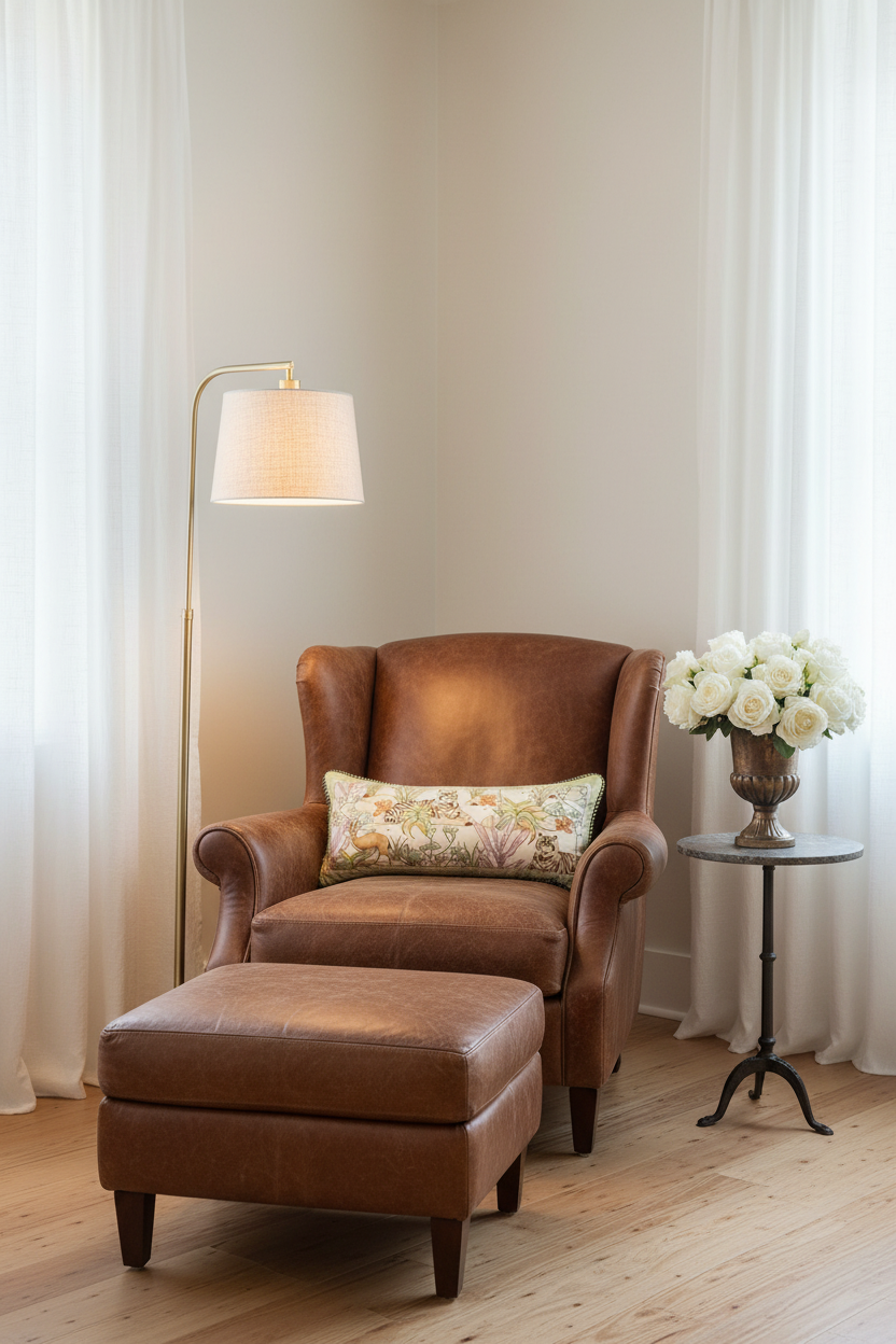 A cream-colored slipcovered loveseat sofa with a decorative floral accent pillow, set against a textured beige wall with a white vase of pampas grass on the left and a small wooden side table on the right.