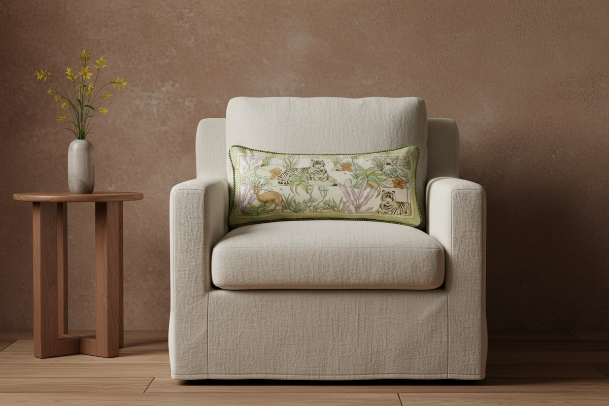 A cream-colored slipcovered loveseat sofa with a decorative floral accent pillow, set against a textured beige wall with a white vase of pampas grass on the left and a small wooden side table on the right.