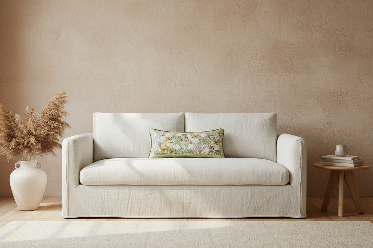 A cream-colored slipcovered loveseat sofa with a decorative floral accent pillow, set against a textured beige wall with a white vase of pampas grass on the left and a small wooden side table on the right.