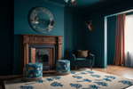 Living room with teal walls, turtle and tree rug, fireplace, and decorative furniture.