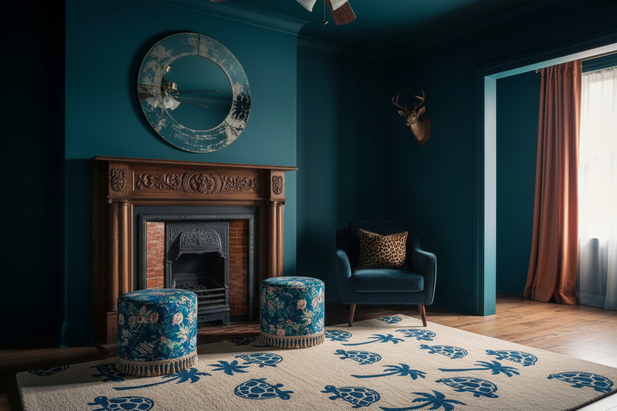 Living room with teal walls, turtle and tree rug, fireplace, and decorative furniture.