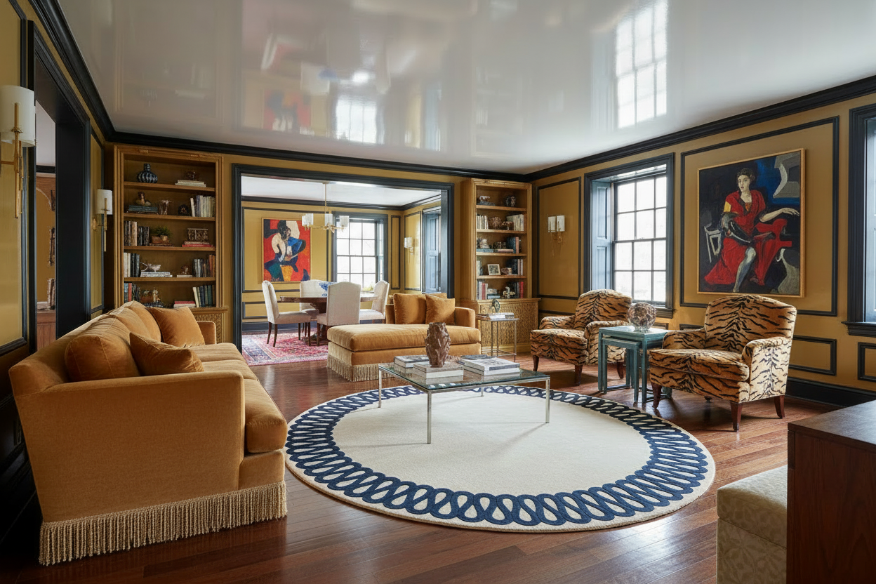 Luxurious living room with yellow sofas, a round rug, and decorative elements.