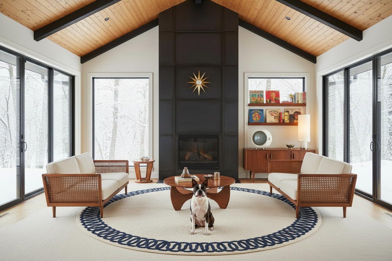 Modern living room with high ceilings, large windows, and a dog sitting on a round rug.