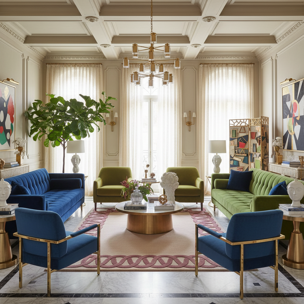 Luxurious living room with blue and green furniture, a chandelier, and decorative rug.