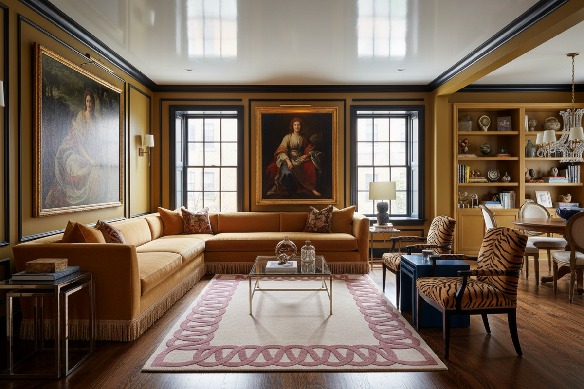 Luxurious living room with a rug, large sectional sofa, coffee table, and decorative elements.
