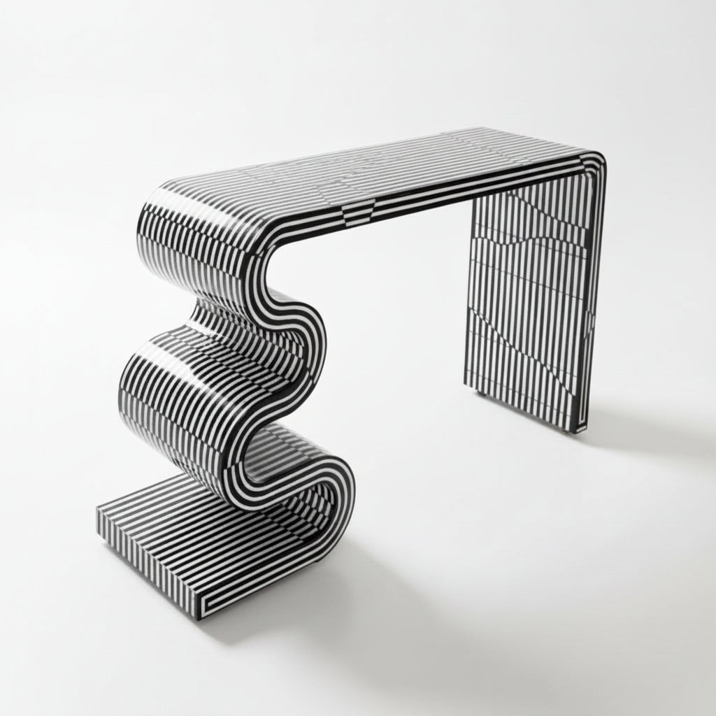 Twist bone inlay console in black, front view