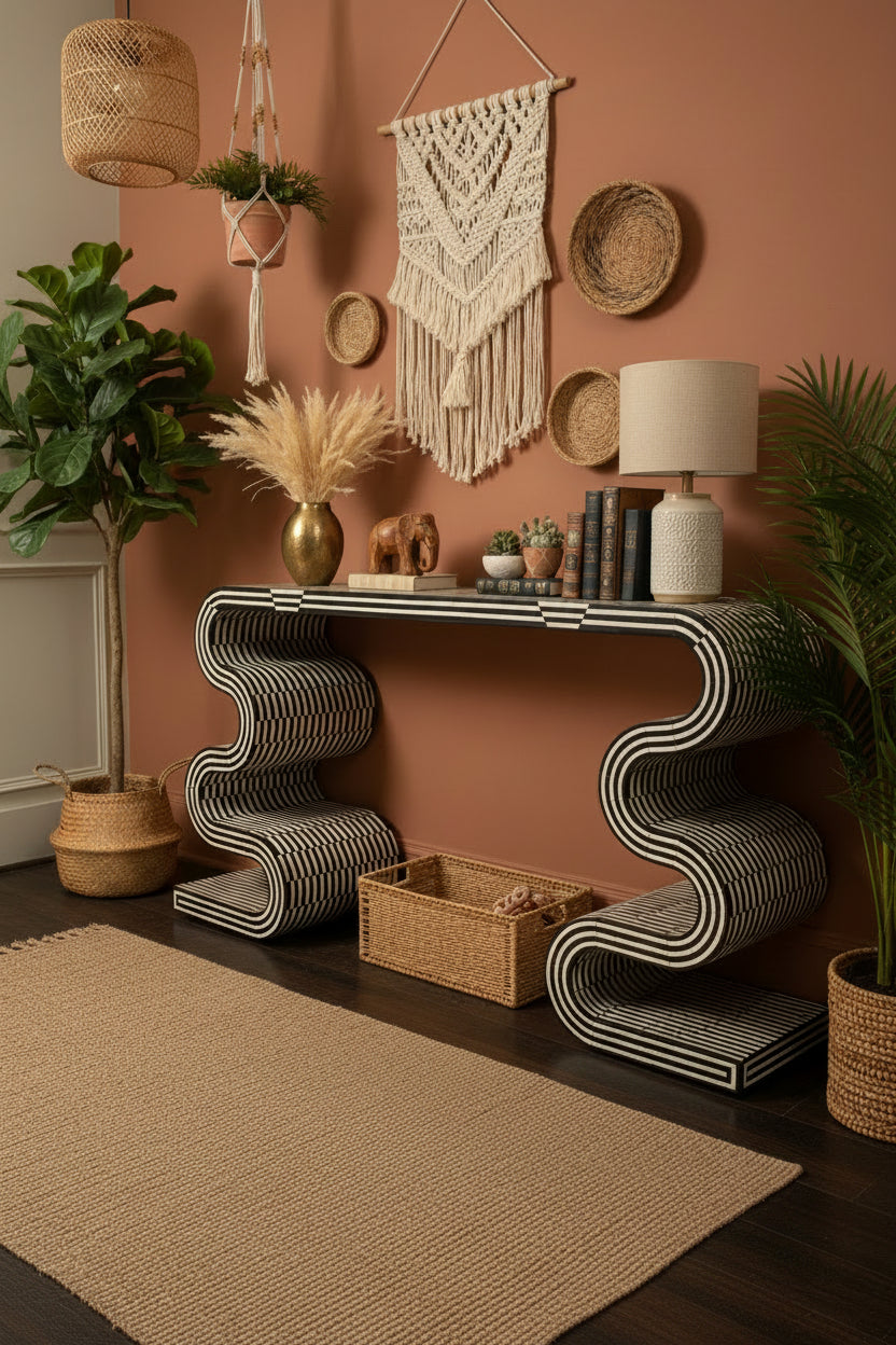 Black twist bone inlay console, angled view