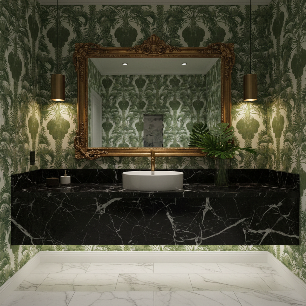 Bathroom with green patterned wallpaper, black marble vanity, and gold-framed mirror.