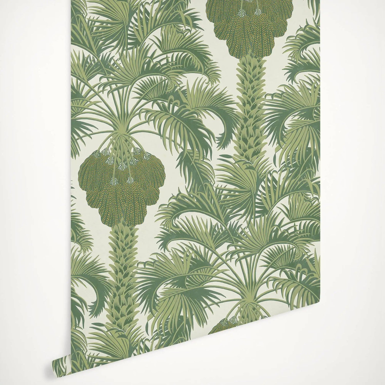Roll of green palm leaf patterned wallpaper on a white background