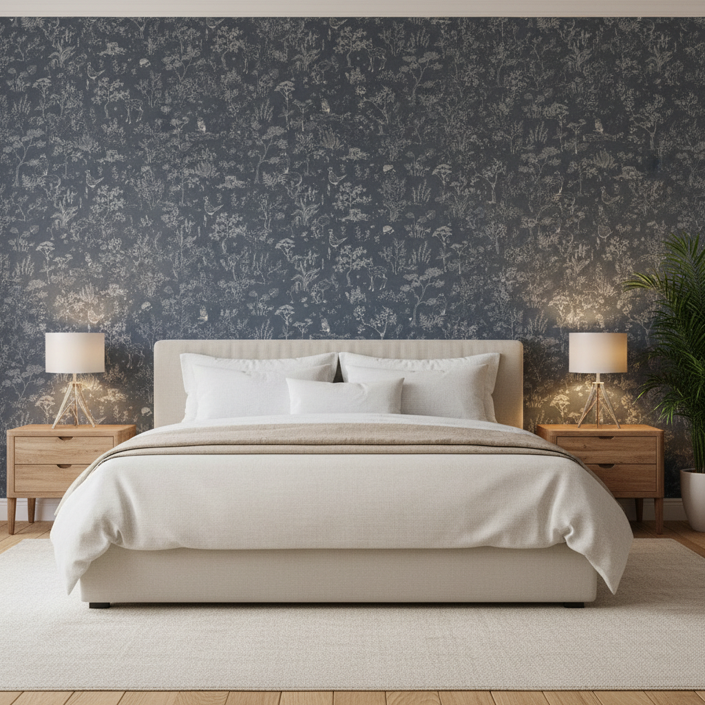 Modern bedroom with a bed, nightstands, and decorative wall paper.