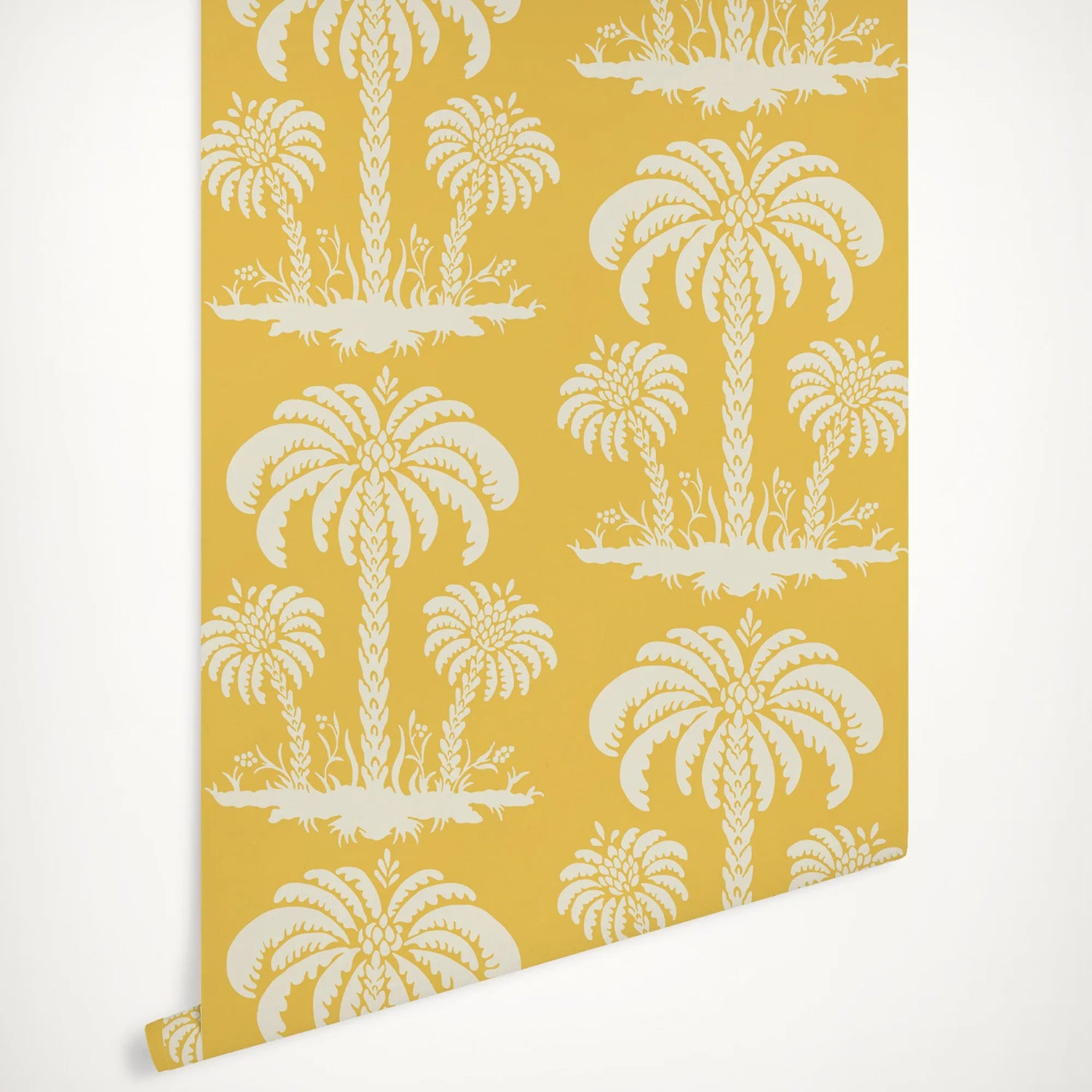 Yellow fabric with white palm tree pattern