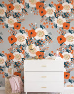 Orange and White Poppy Floral Wallpaper