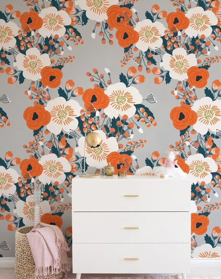 Orange and White Poppy Floral Wallpaper