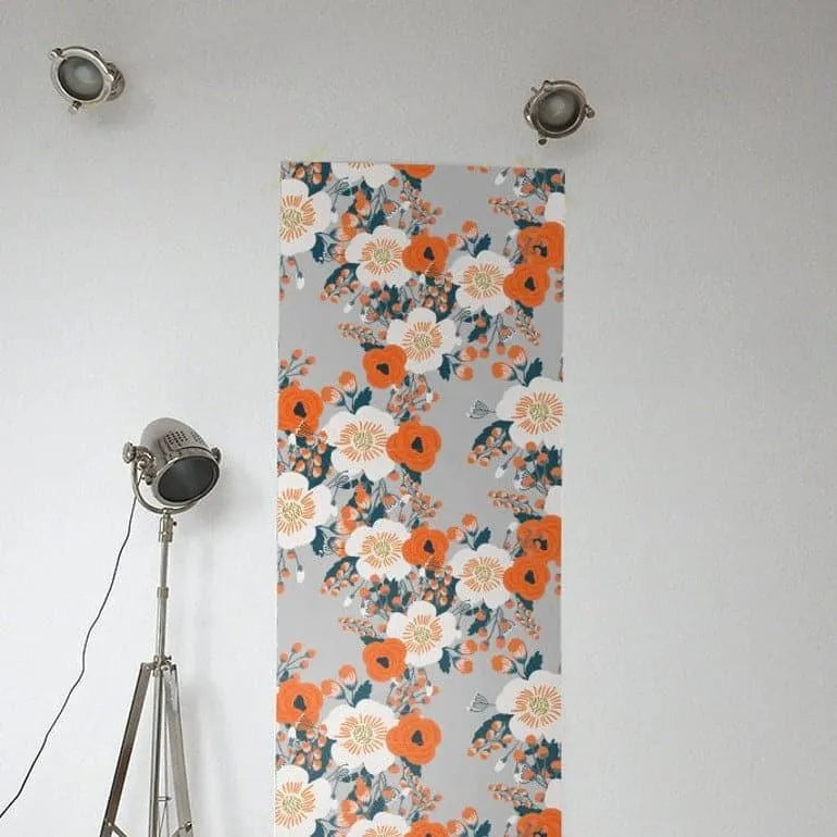 Orange and White Poppy Floral Wallpaper