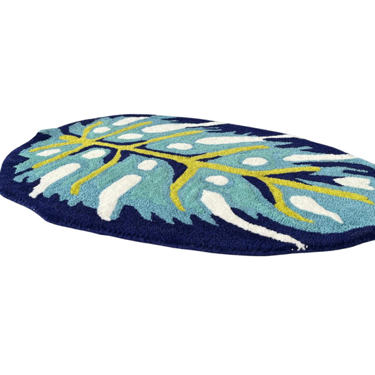 Blue Monstera Leaf Shaped Accent Hand Tufted Wool Rug